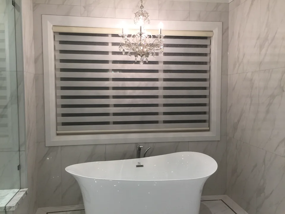 Bathroom dual shades with sheer bands visible